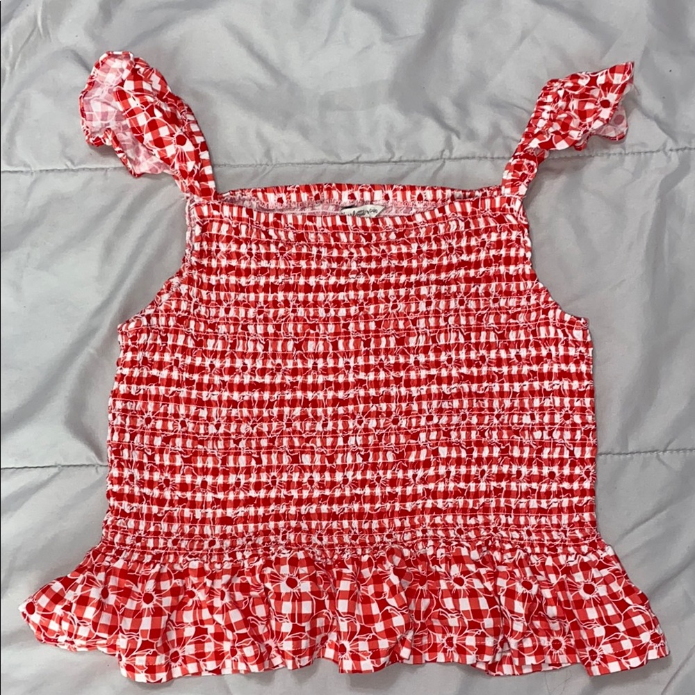 Red and White Smocked Top with Ruffle Hem
